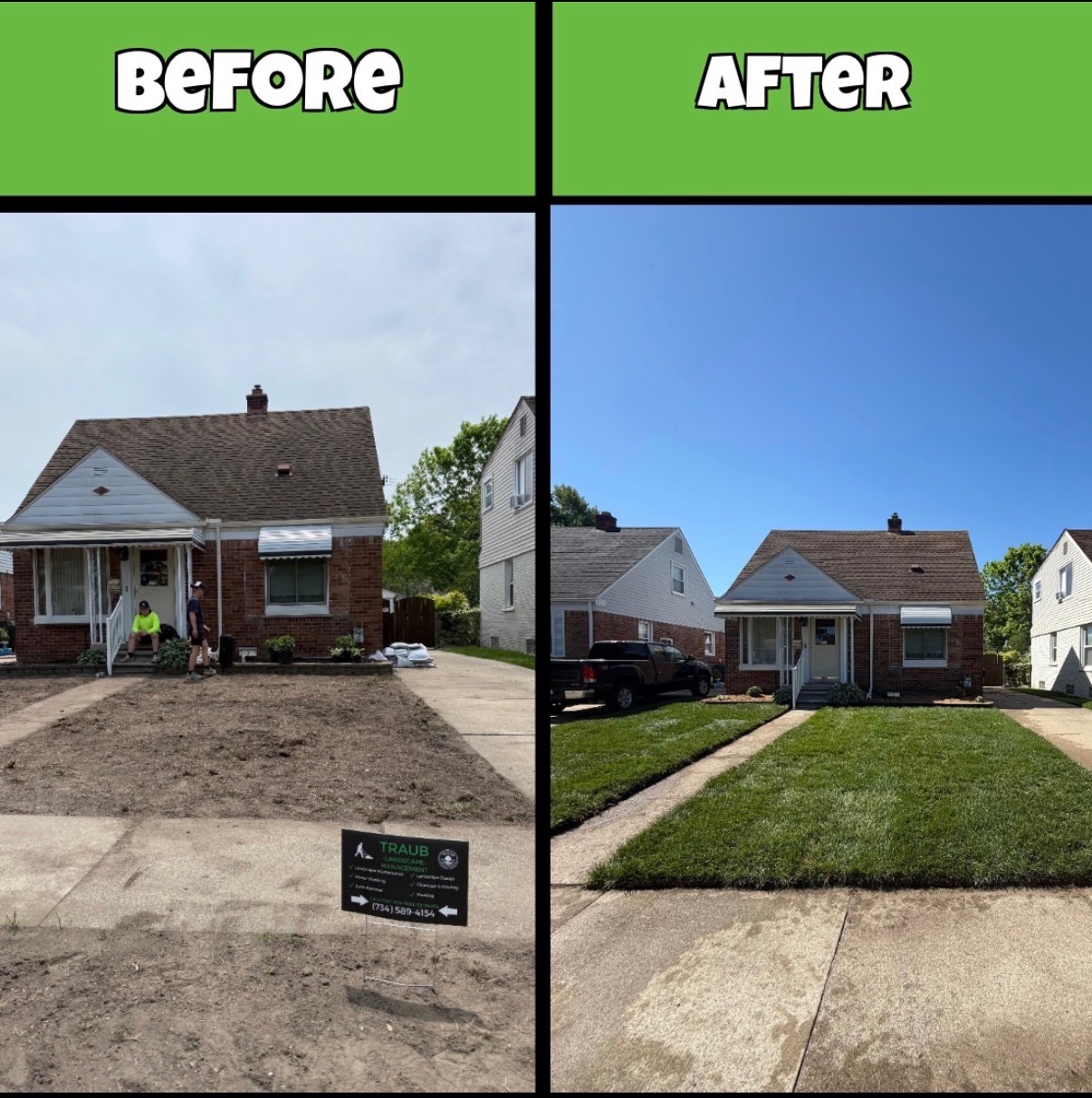Before and after of a new sod lawn installed by Traub Landscape Management