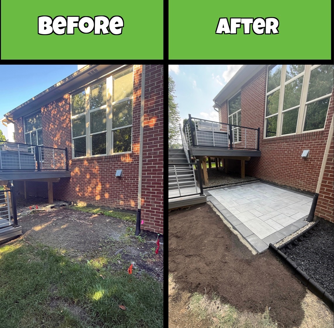 Before and after of a paver patio installed beneath a deck by Traub Landscape Management