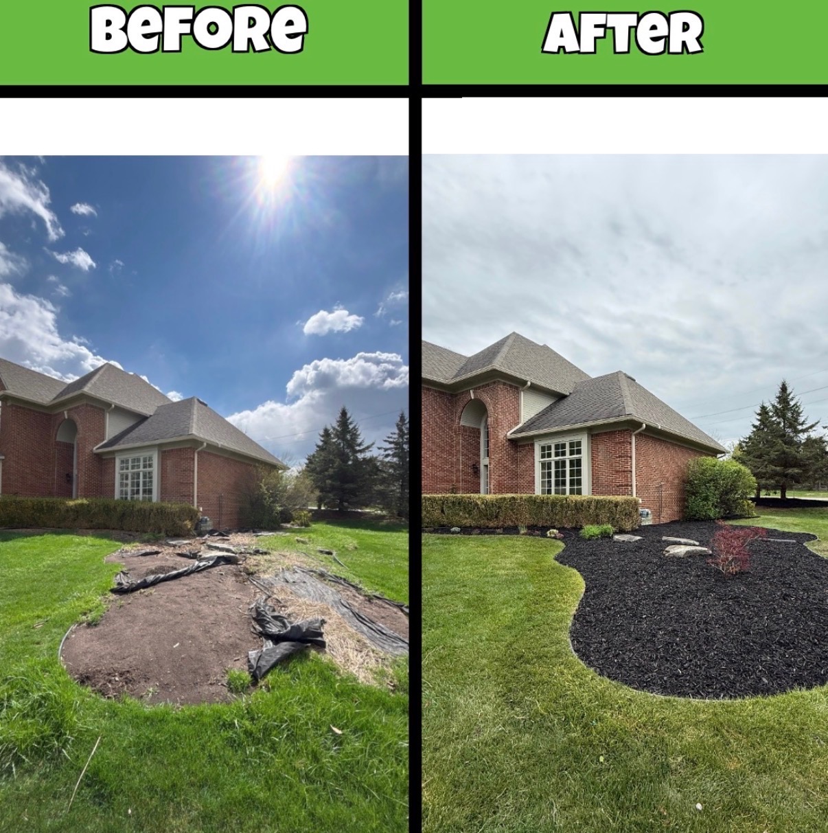 Before and after of a black mulch bed installed by Traub Landscape Management